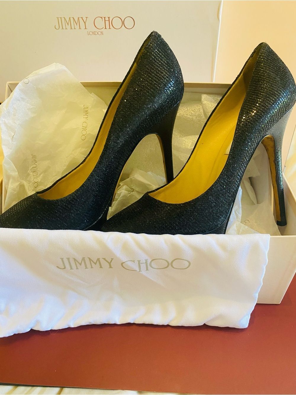 🛍️ Jimmy Choo Authentic Cosmic Black Sequin Platform Pumps W/Box & Dust Bag